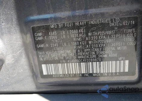 2014 Subaru Outback 2.5I Premium from USA, damaged, VIN 4S4BRBDC4E3289870